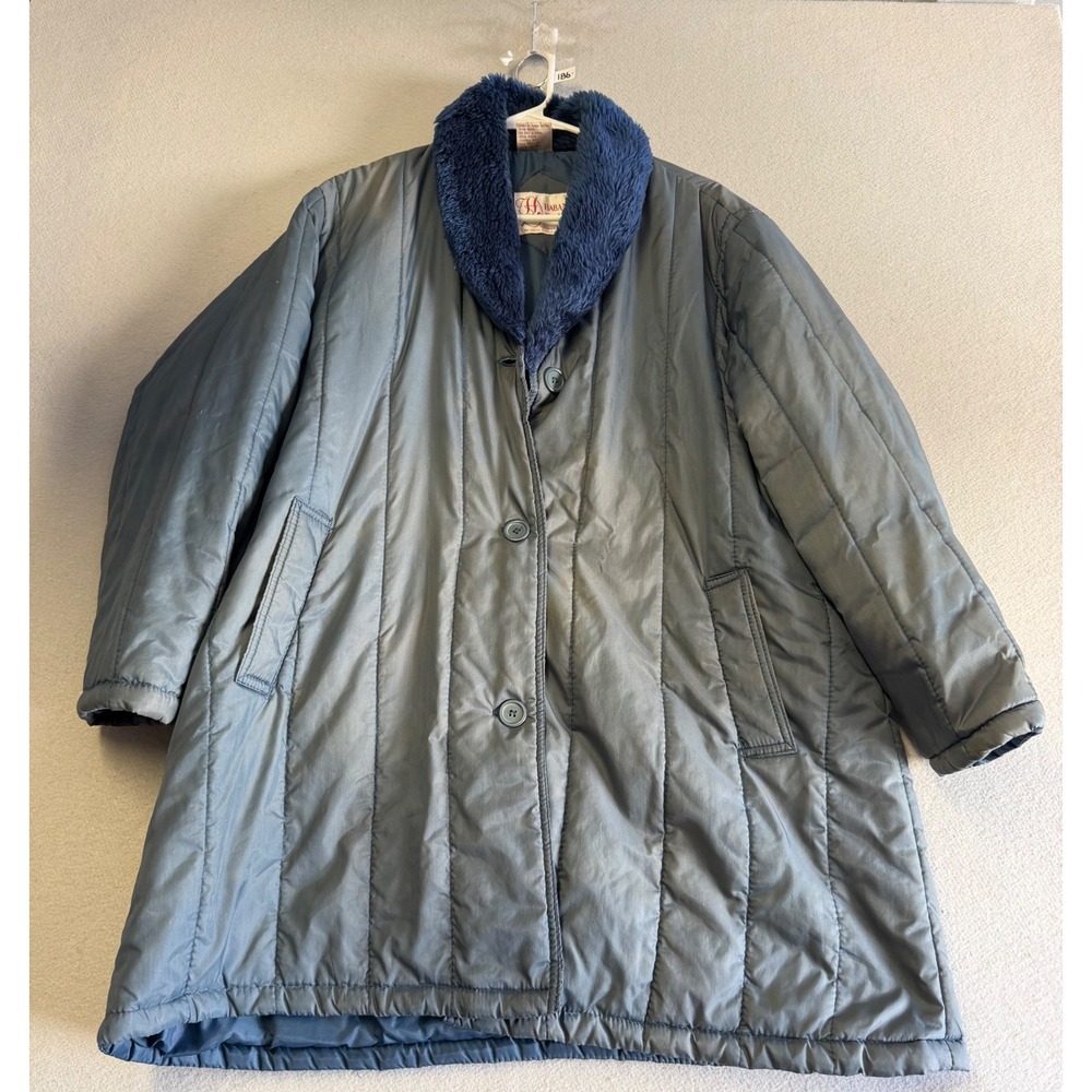 Haband For Her Vintage Blue Quilted Parka Faux Fur Collar Coat Size 40